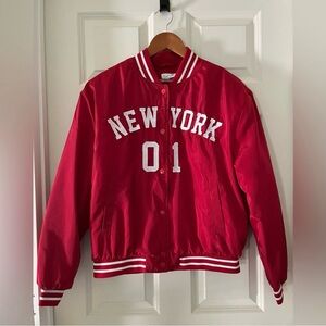Women's Birch and Stone New York Red Satin like
Bomber Jacket Red & White size M